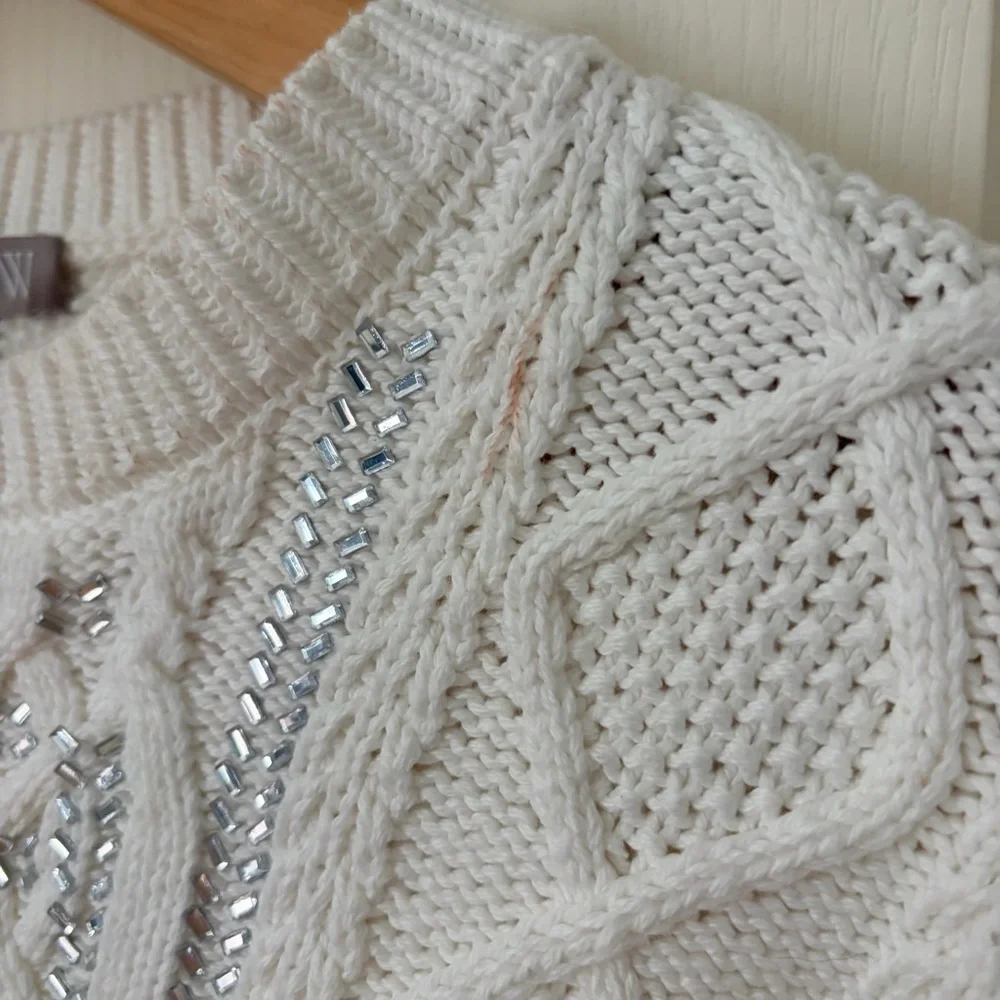 J. Crew White Cable Knit Crystal Embellishments Sweater Top, Large